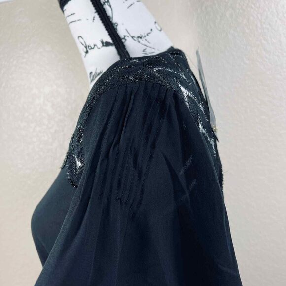 Bebe black blouse short sleeve embroidered lace around neckline boho size S - Picture 12 of 15